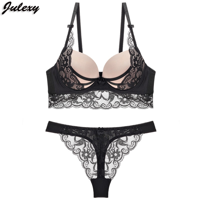 Julexy Sexy Thong lady push up bra set Lace hollow out bralette