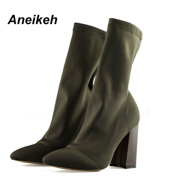 Aneikeh Women's Boots Pointed Toe Yarn Elastic Ankle Boots Thick Heel High Heels Shoes Woman Female Socks Boots 2019 Spring - Meyar