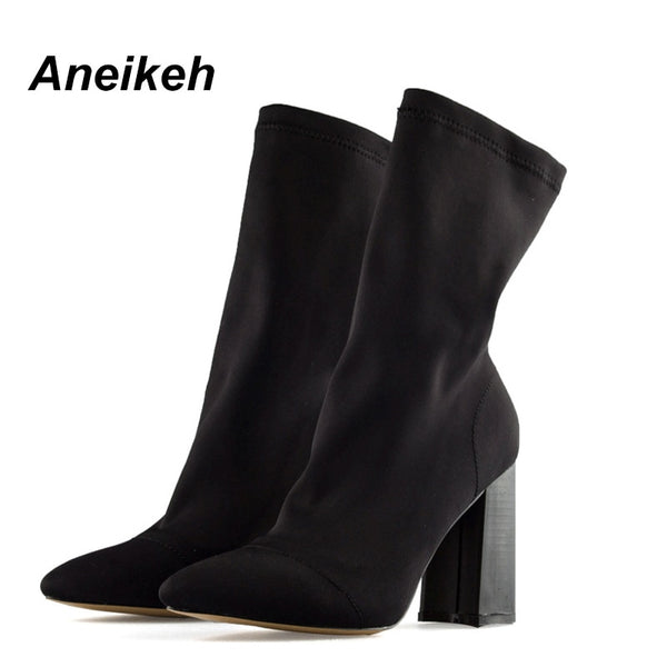 Aneikeh Women's Boots Pointed Toe Yarn Elastic Ankle Boots Thick Heel High Heels Shoes Woman Female Socks Boots 2019 Spring - Meyar