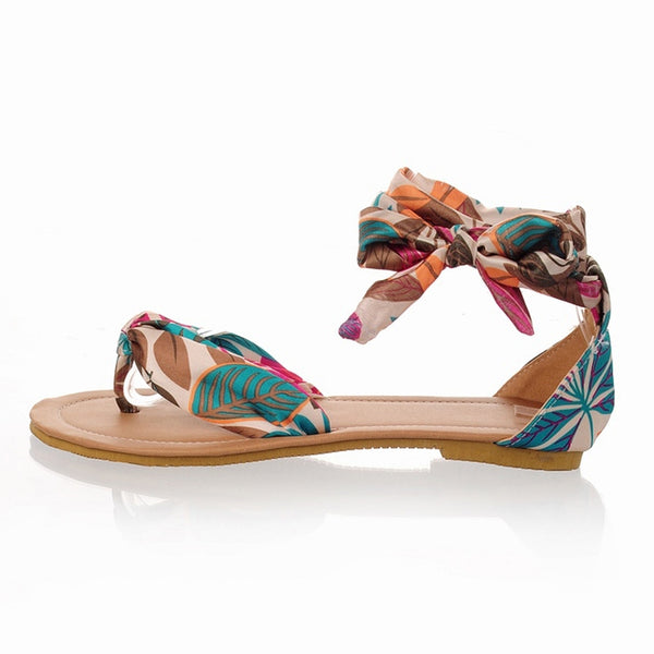 BONJOMARISA 2019 Women Flat flip-flop sandals soft casual flower print ankle strap sandals low heels shoes woman big size 34-43 - Meyar