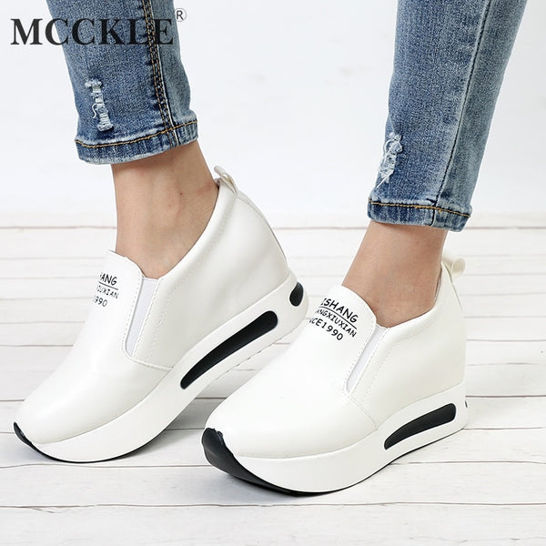 MCCKLE Women Creepers Spring Increasing Height Shoes Casual Slip On Moccasins Platform Wedge Heel Fashion Elastic Band Footwear - Meyar