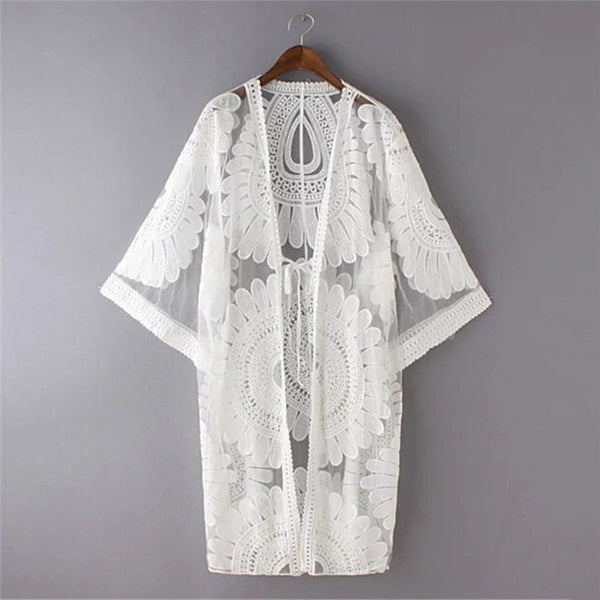 New Summer Swimsuit Lace Hollow Crochet Beach Bikini Cover Up 3/4 Sleeve Women Tops Swimwear Beach Dress White Beach Tunic Shirt - Meyar