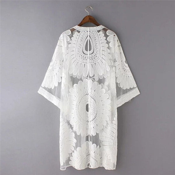 New Summer Swimsuit Lace Hollow Crochet Beach Bikini Cover Up 3/4 Sleeve Women Tops Swimwear Beach Dress White Beach Tunic Shirt - Meyar