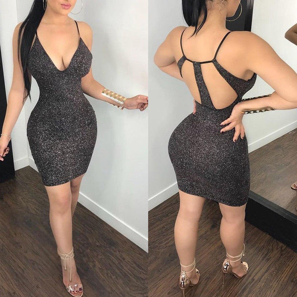 Sexy Clubwear Hot Backless Vestido 2018 New Women Sexy Metallic Bodycon Shiny Evening Party Clubwear Pencil Club Mini Dress - Meyar