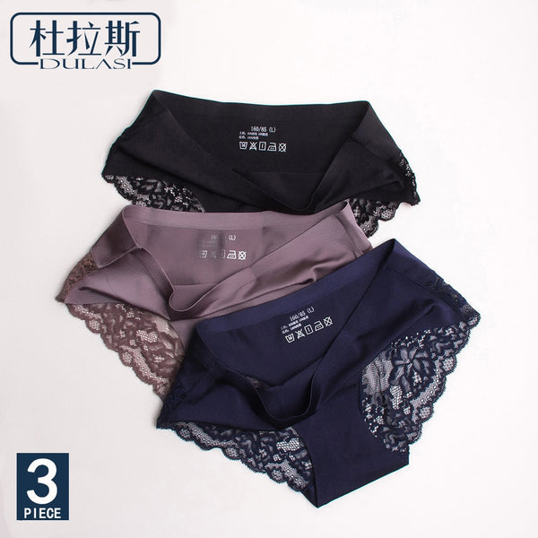 Sexy Lace Panties Seamless Women Underwear Briefs Nylon Silk for Ladies Bikini Cotton Transparent Lingerie DULASI 3 pcs set - Meyar