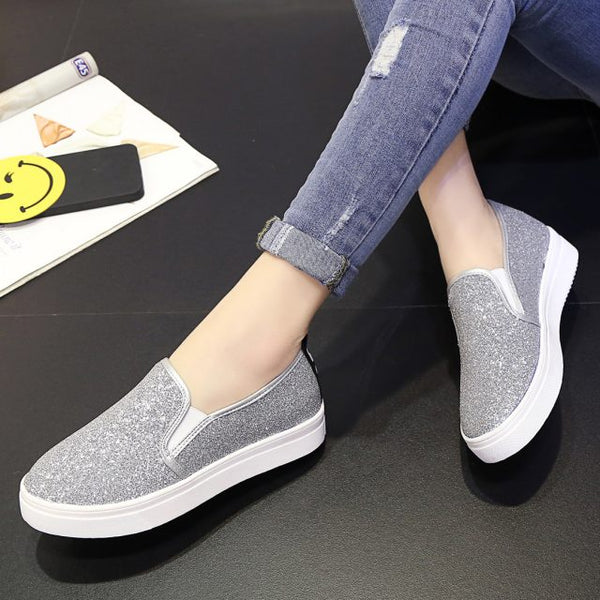 Spring Women Flats Platform Shoes Woman Loafers Slip on Flat Shoes Silver Casual Shoes Glitter Black Loafer zapatos mujer 6762 - Meyar