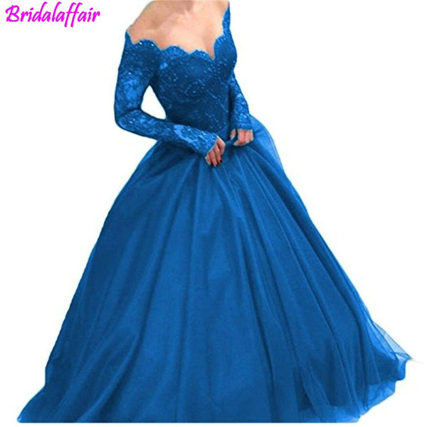 Women's Off Shoulder Lace Prom Dress Long Sleeves Ball Gown for Bride formal dress women elegant vestidos de festa  robe soiree - Meyar