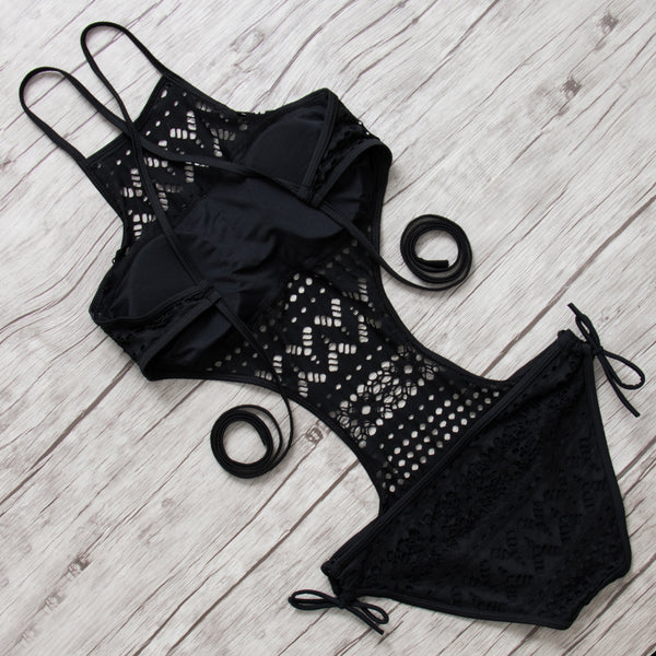 halter one pieces swimsuit women sexy swimwear female hollow monokini black bathing suit pad swimming suit solid bodysuit 2018 - Meyar